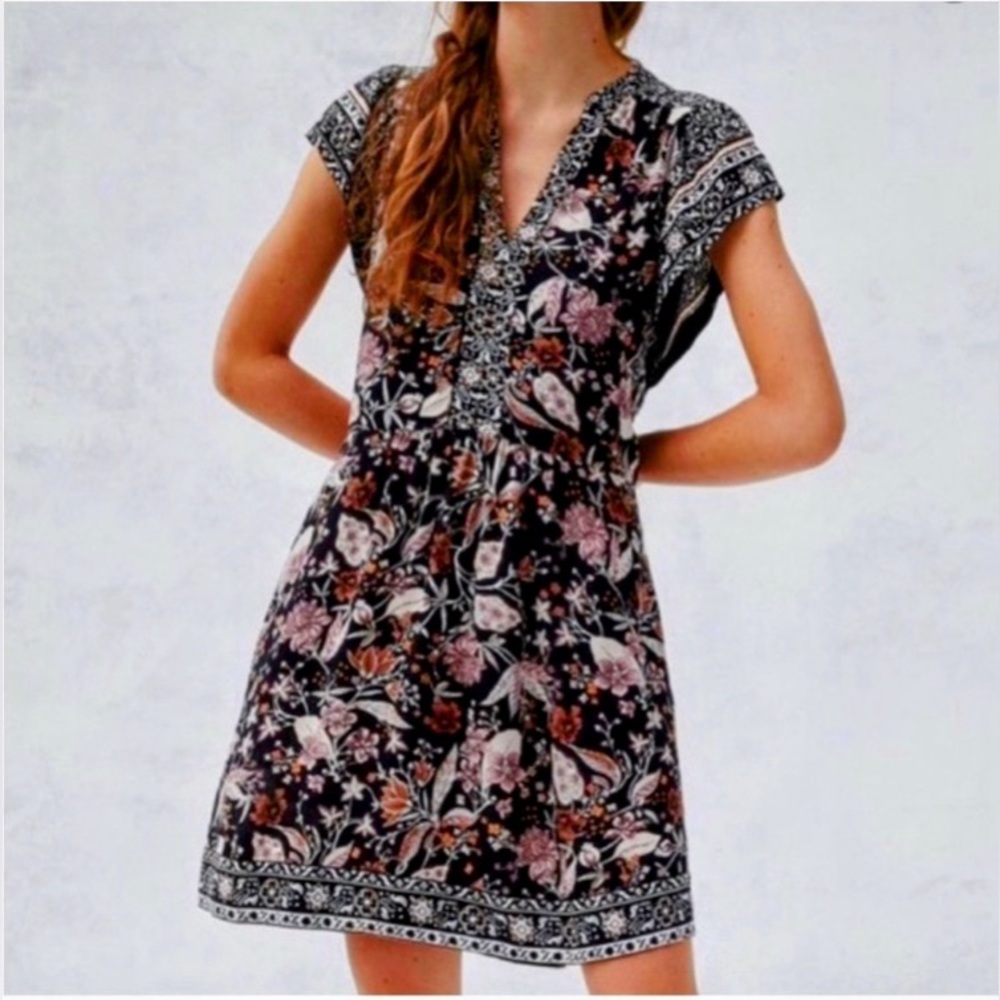 Anthropologie Black Floral Mini Dress with Pink and Rust Accents